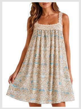 Anthropologie Maeve Silk Mini Dress Cream Blue Crochet Empire M